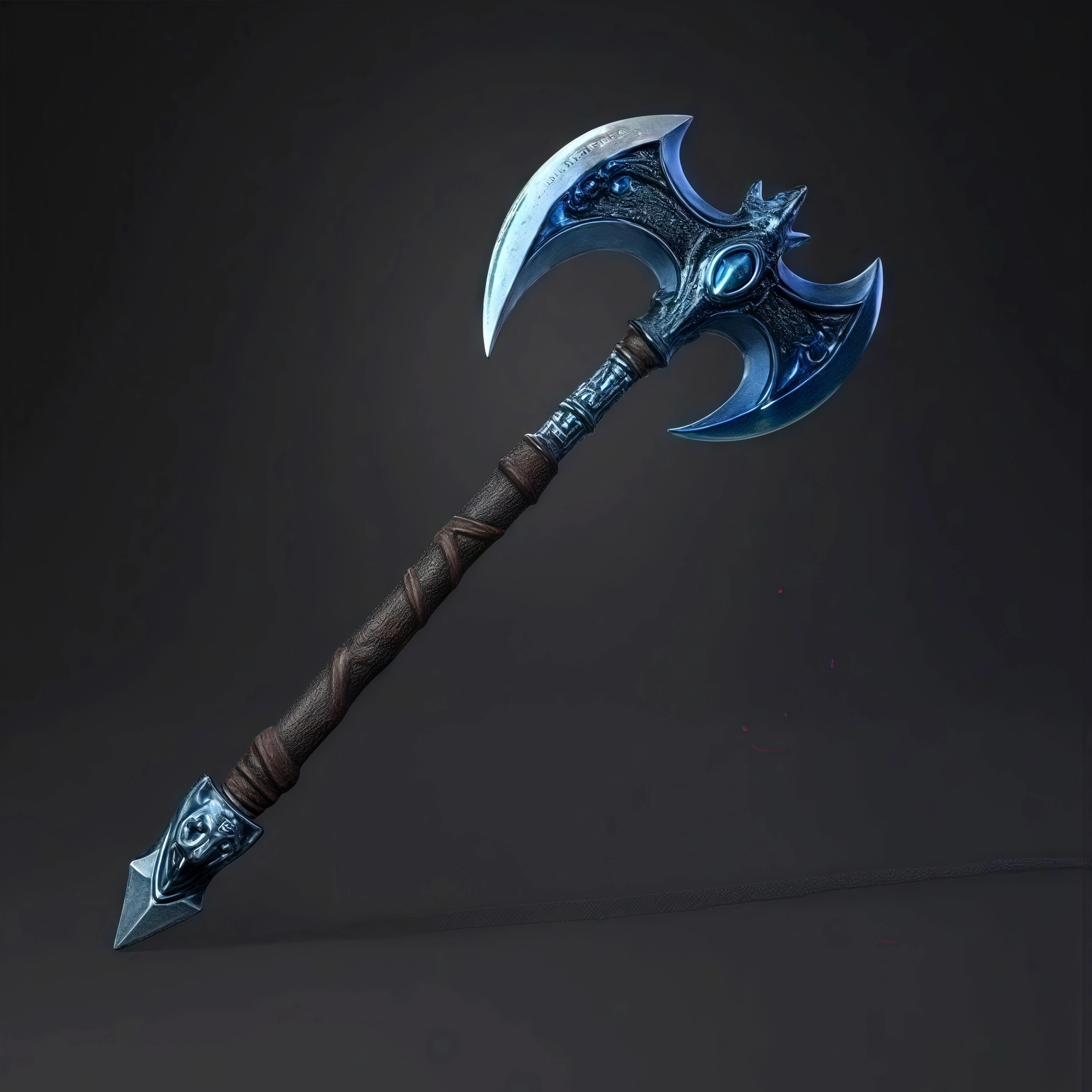 Skyrend Axe of the Stormhowl Clan, a giant double-bladed weapon of steel and dragonbone, lightning runes, electric arcs, leather grip, wolf-head motif.