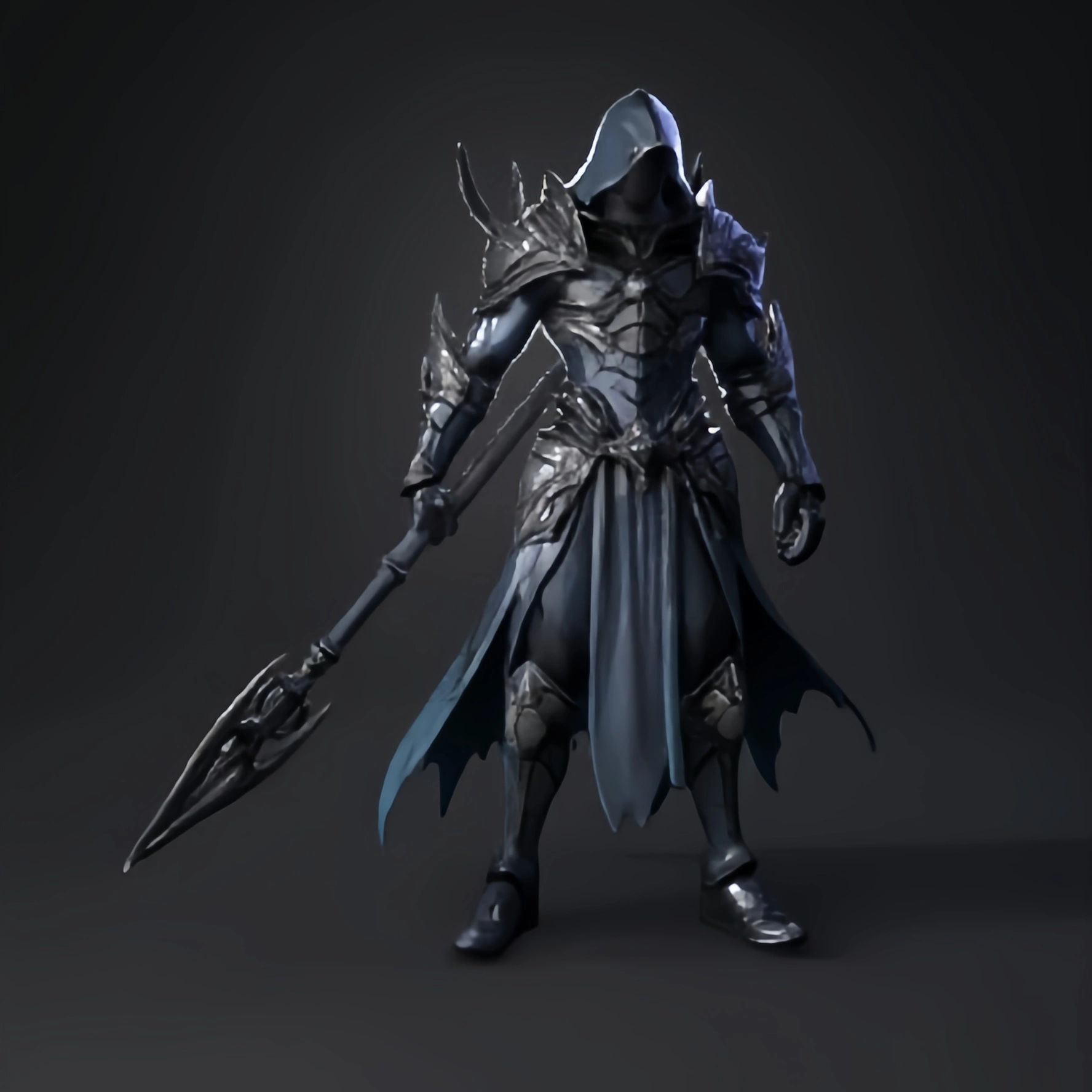 Silent armored executioner with glowing chest sigils, helmet releasing smoke veil, floating slightly above ground, wielding twin-chain blades.
