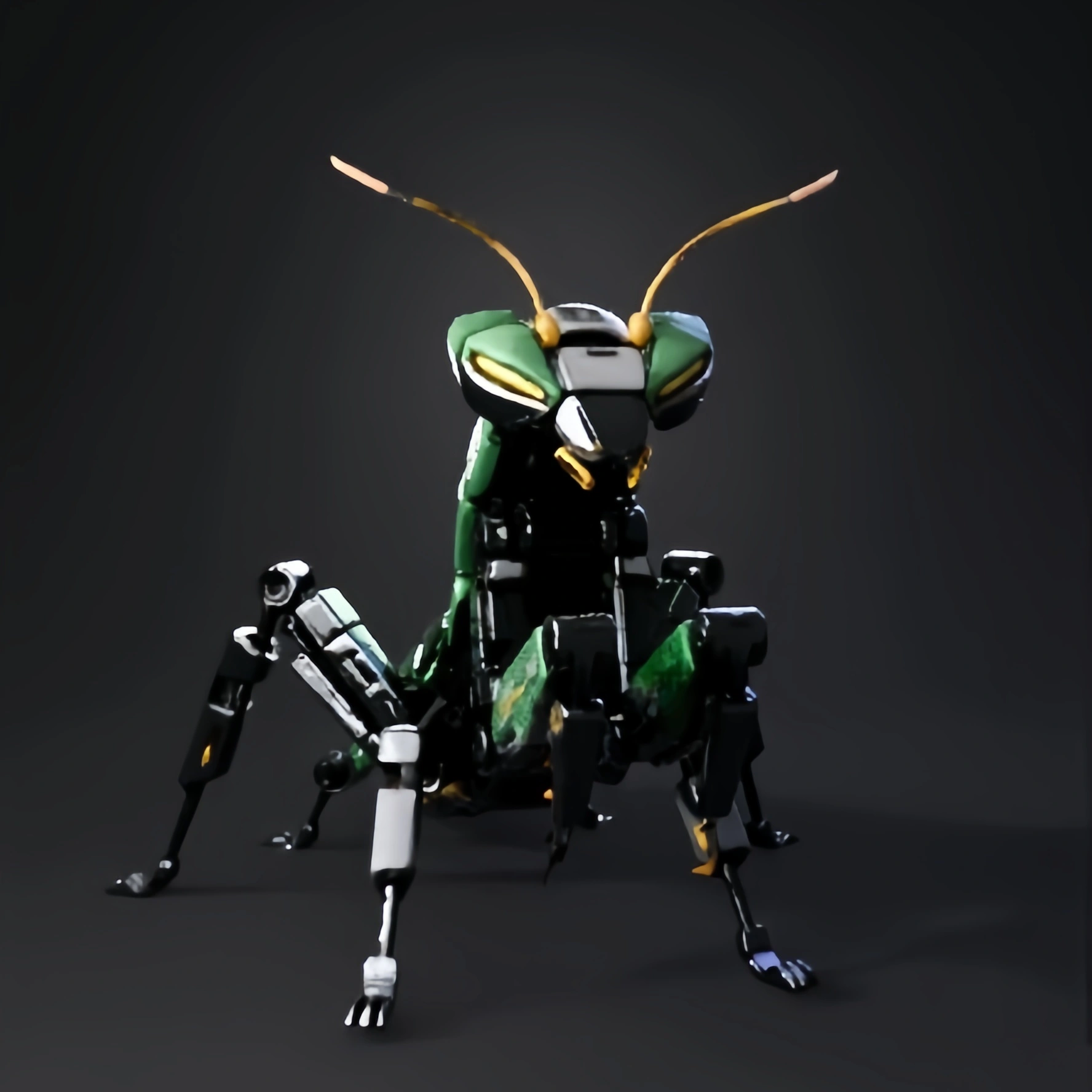 Techno-organic mech suit with globe head, cracked golden shell, exposed gears and mechanical parts in a complex futuristic industrial design.