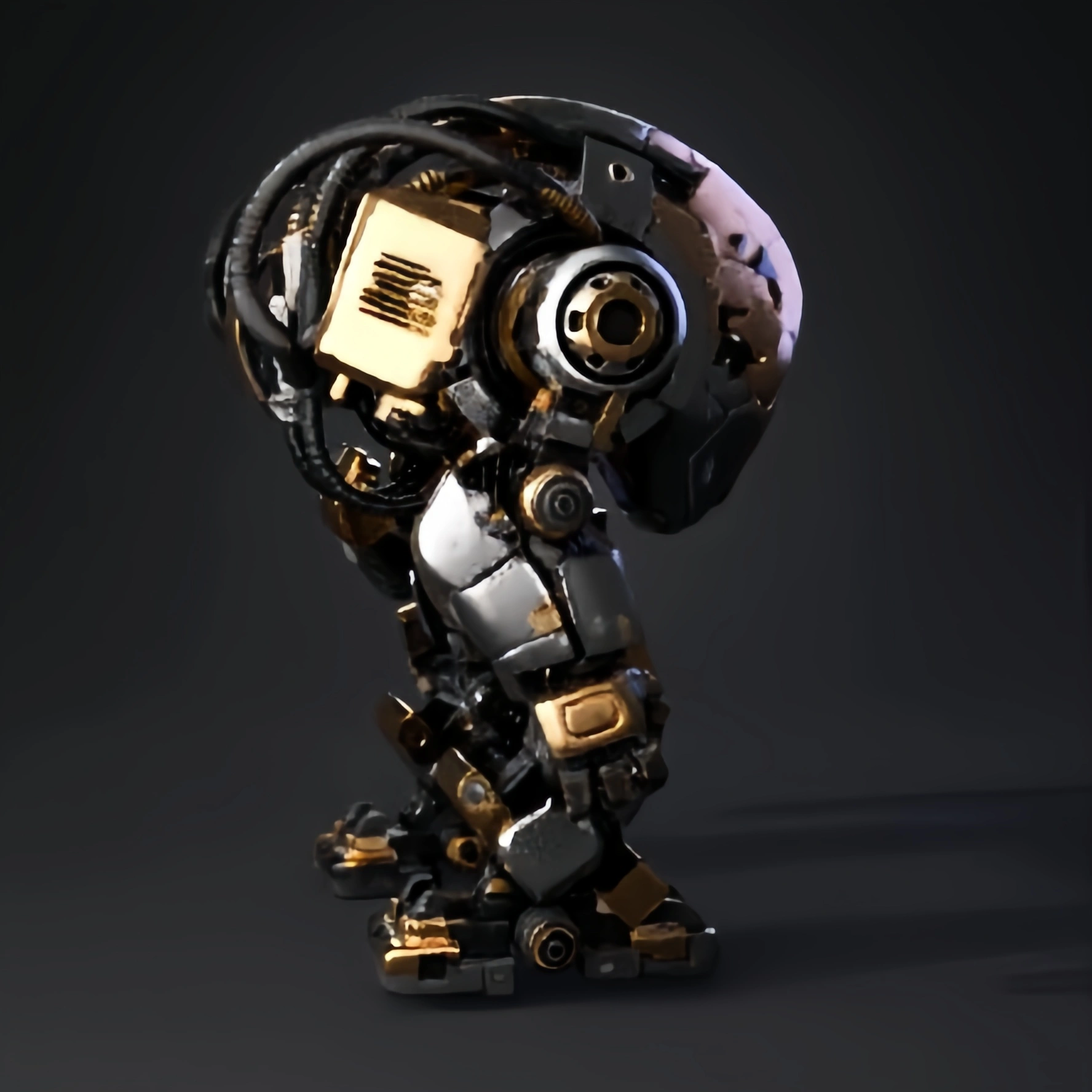Mechanical fish sculpture made of intricate metal components, gears, and industrial parts.