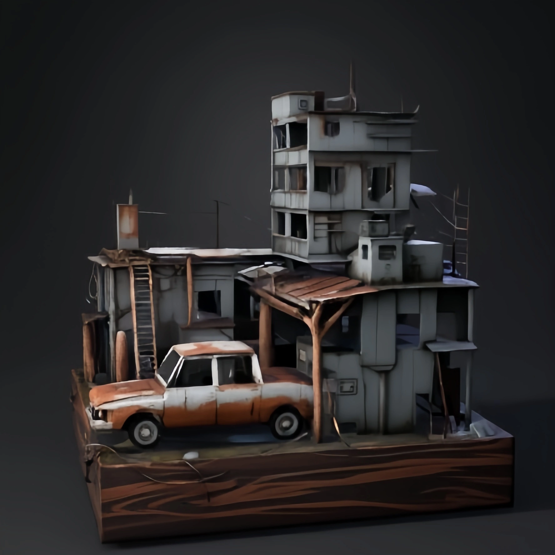 Intricate 3D model of a dilapidated multi-story urban structure, decaying buildings, overgrown vegetation, and a rusted vehicle, evoking abandonment.
